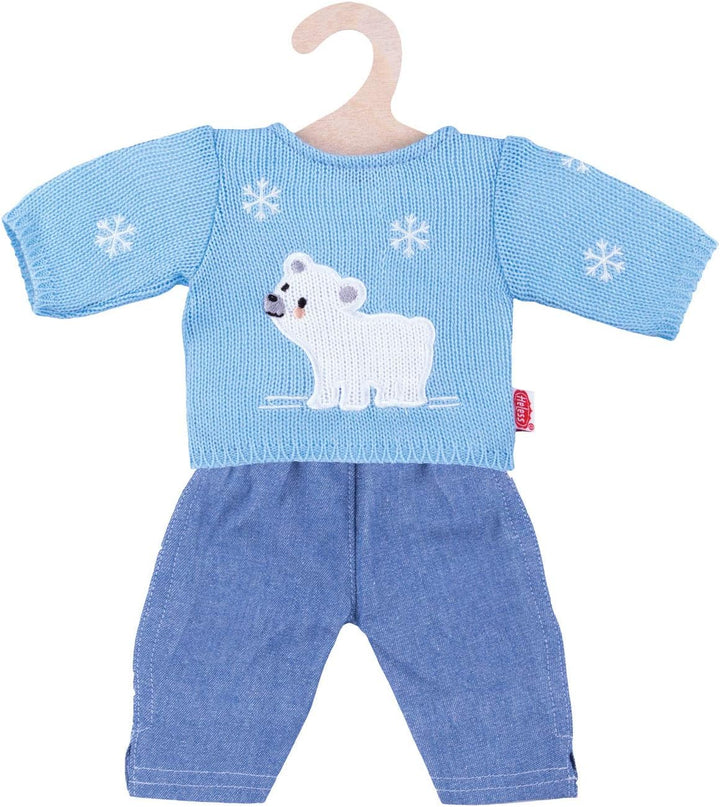 Heless 1934 - Bekleidungs-Set für Puppen, 2 teilig, Pullover Eisbär mit Jeans, hellblau, Grösse 28 -