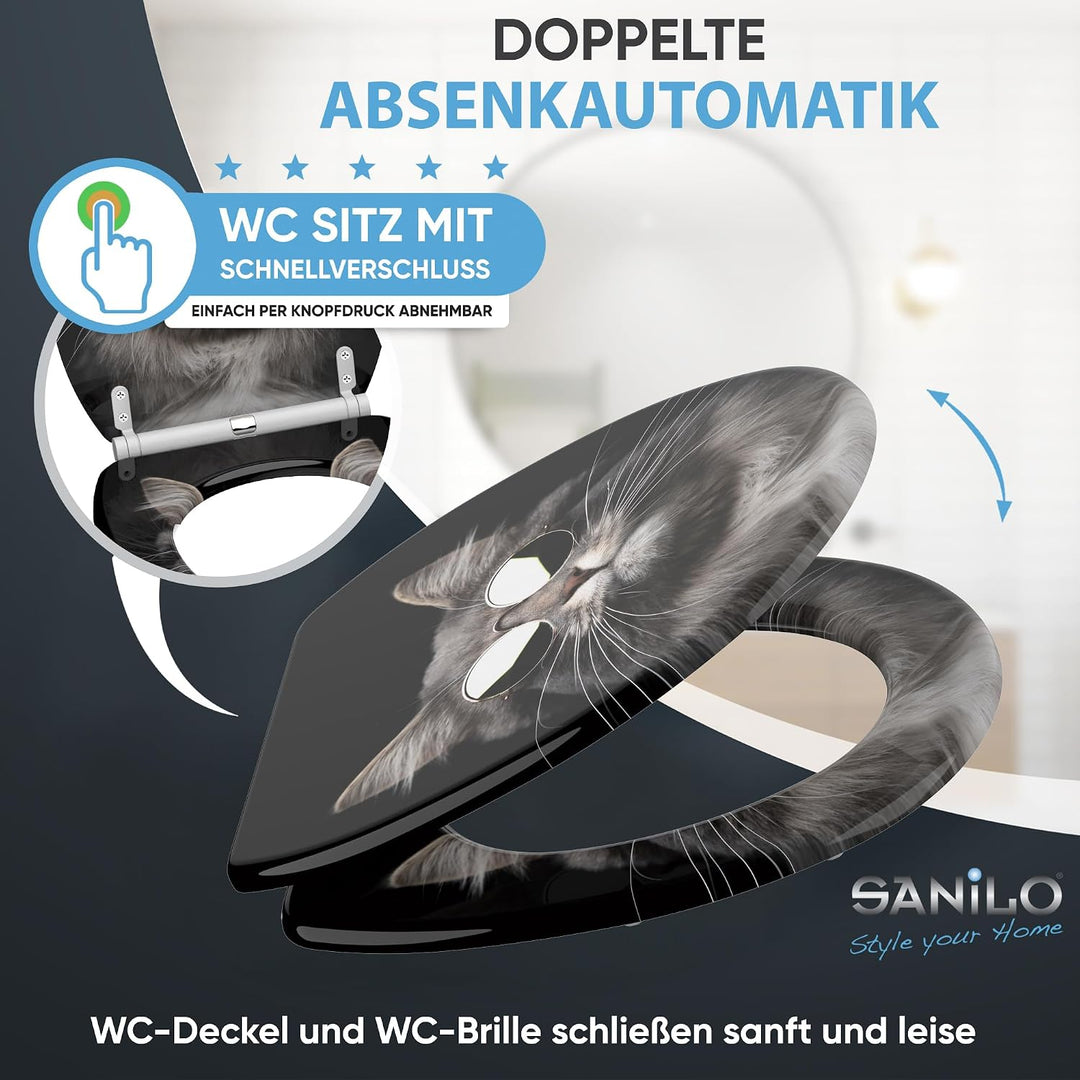 Sanilo WC Sitz mit Absenkautomatik &amp; Quick-Release aus Holz, Cool Cat, Cool Cat