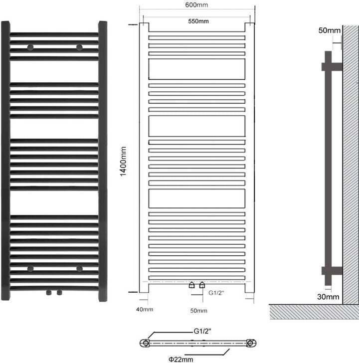 600 x 1400 mm Anthrazit mittelanschluss Badheizkörper handtuchhalter Heizkörper Handtuchwärmer Handt
