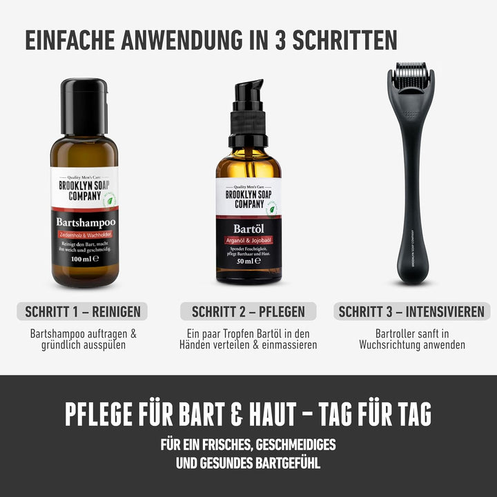 Brooklyn Soap Company Bartpflege Set für Männer - Mit Bartroller, Bartöl &amp; Bartshampoo - Geschenk fü