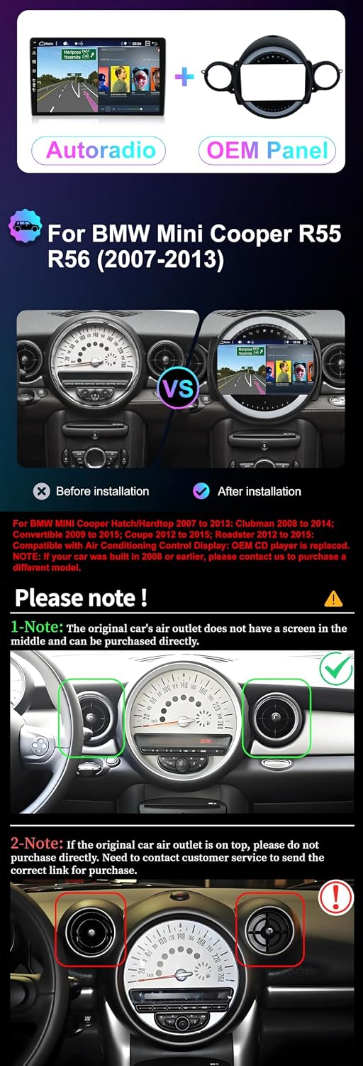 [8G+256G, 8-Core] - Autoradio für BMW Mini Cooper R55 R56 (2007-2013) Android 14 GPS Radio - CarPlay