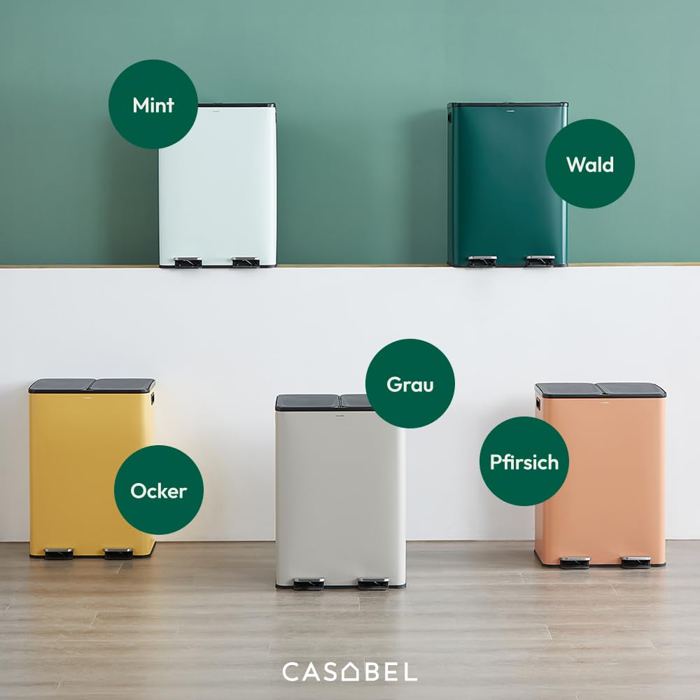 CASABEL Mülleimer Küche Mülltrennung 60L – 2x30L Doppelkammer mit Pedal, Edelstahl Mintgrün, Abfalle