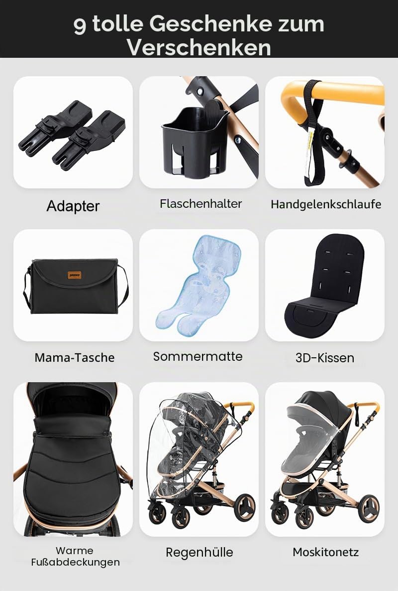 YAZOCO kinderwagen 3 in 1 Buggy Babybett Komplett Set Einem Klick Zusammenklappbarer Kinderwagen, Ko
