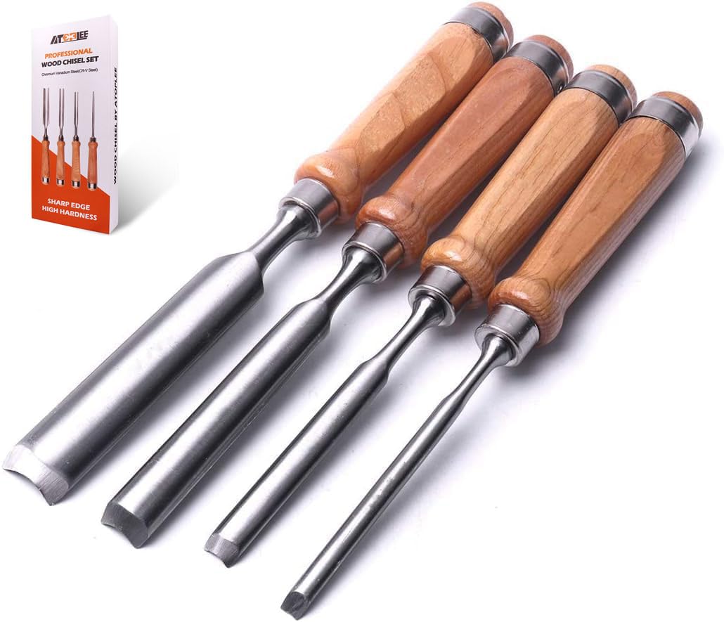 ATOPLEE 4 Stück Stechbeitel Set für Holz,Holz Meissel Werkzeug Schreiner Hohlbeitel CR-V Stahl halbk