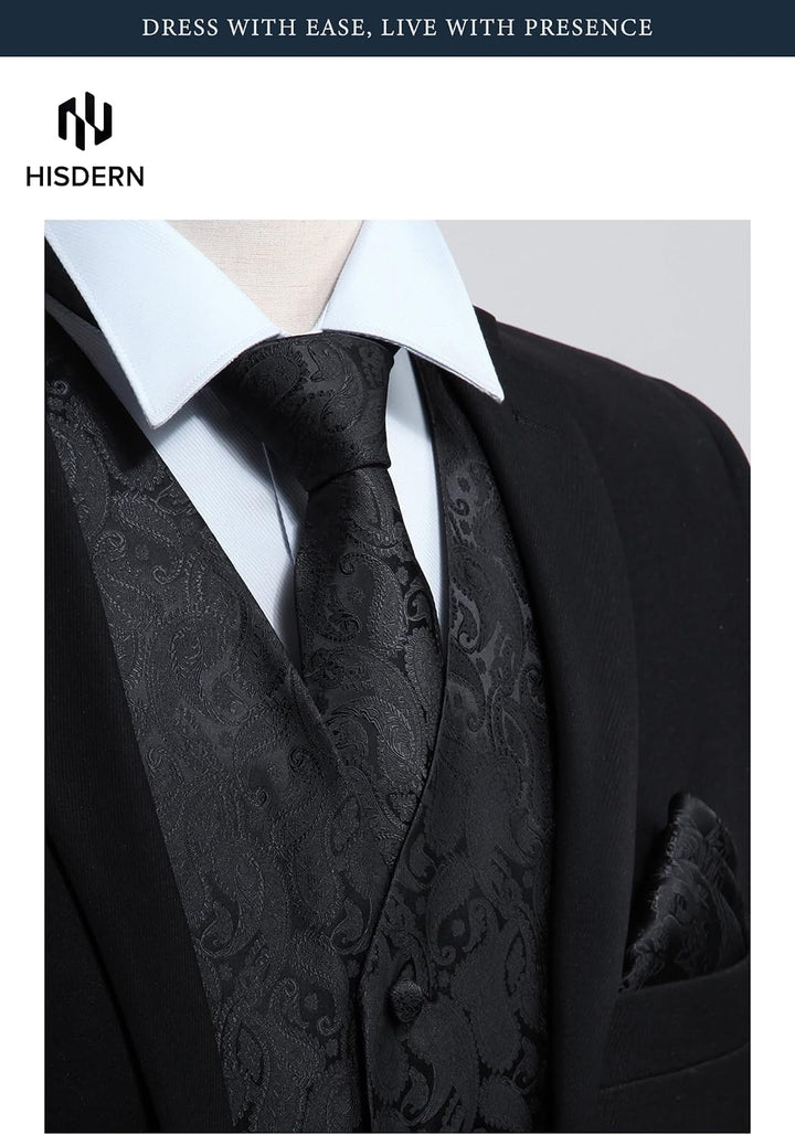 Hisdern Manner Paisley Floral Jacquard Weste &amp; Krawatte und Einstecktuch Weste Anzug Set, Black-2, G