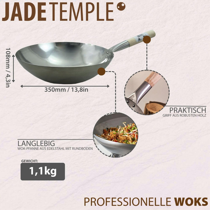 JADE TEMPLE Edelstahl Wok, runder Boden, D: 35 cm, Silber
