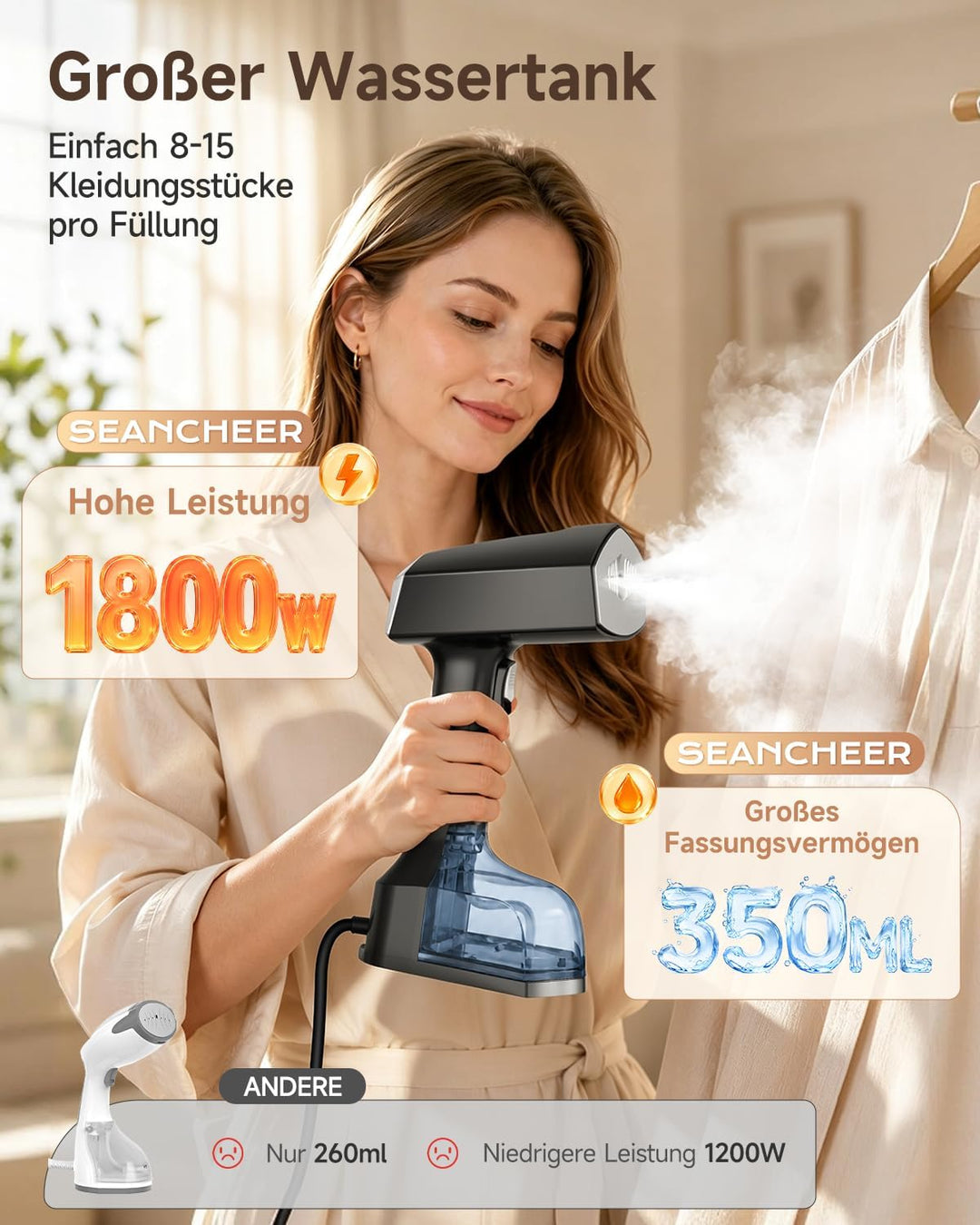 Dampfglätter, 2-in-1 Steamer für Kleidung, 350 ml Tank, 20 Sek. Aufheizen