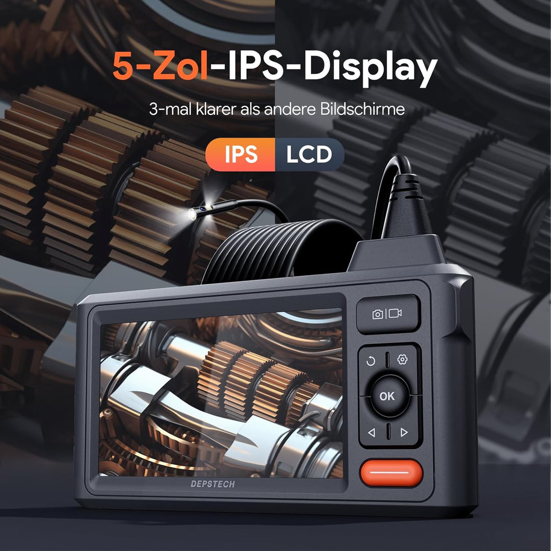 DEPSTECH 15m Triple Lens Endoskopkamera mit Licht, 5" IPS Rohrkamera | 1080P Inspektionskamera, 32GB