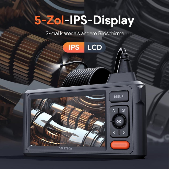 DEPSTECH 15m Triple Lens Endoskopkamera mit Licht, 5" IPS Rohrkamera | 1080P Inspektionskamera, 32GB