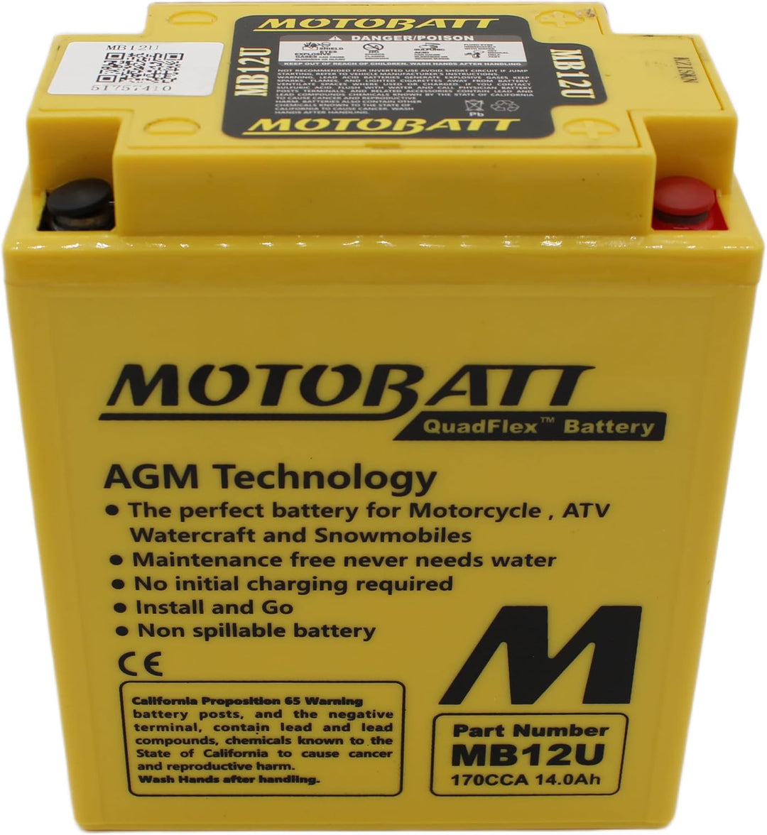 MotoBatt MB12U (12V 15 Amp) 160CCA Factory Activated QuadFlex AGM Battery