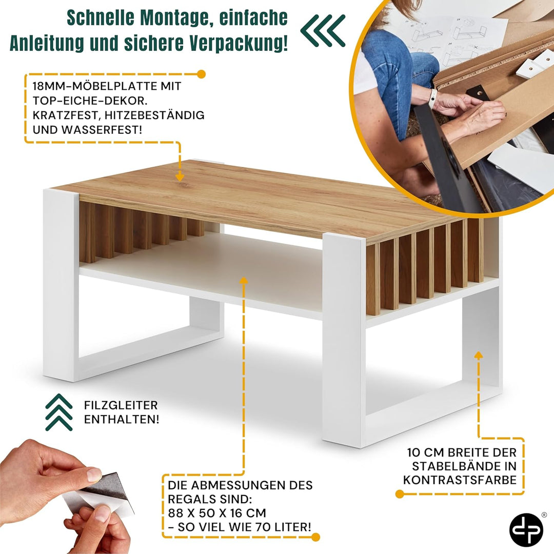 defiPad Couchtisch Eiche Weiss im Lamellendesign mit Stauraum, 92x50 cm Weiss + Eiche, Weiss + Eiche