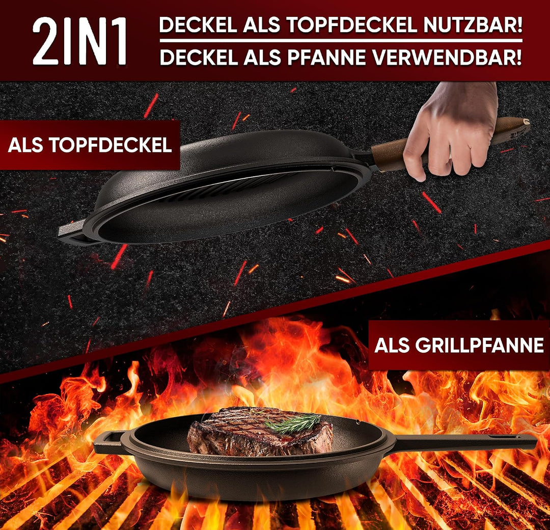 GUSSKÖNIG Dutch Oven - 2 in 1 Eingebrannter Gusseisen Topf 3L &amp; Gusspfanne 1,5L - Cast Iron Pot mit