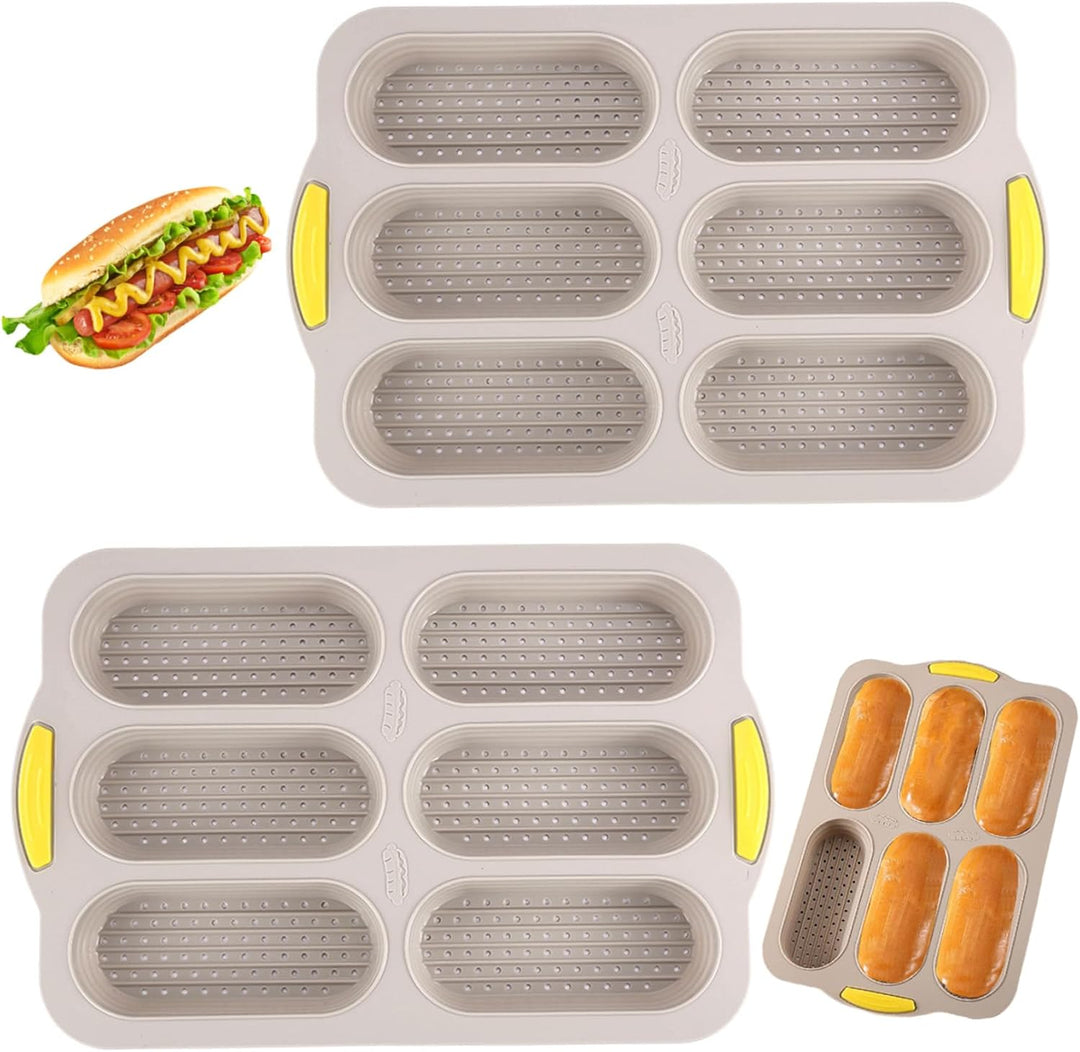 Silikon-Mini-Brötchenform | 2 Stück Hot-Dog-Brötchenform, 6 Mulden, Antihaft-Silikon-Brotlaib mit at