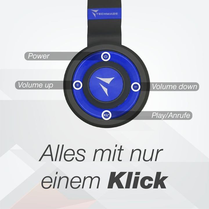 Techmade TM-046 Bluetooth-Kopfhörer – Faltbar, Over-Ear, Mikrofon, FM-Radio, SD-Karten-Slot (Blau)