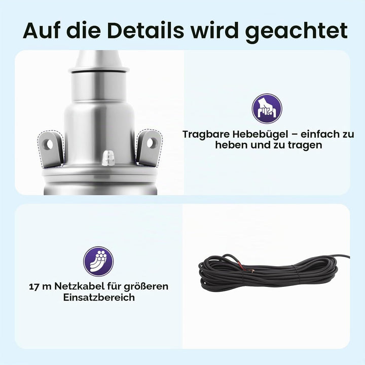 12V, 180W Edelstahl Solar-Tauchpump, Tiefbrunnenpumpe 3000/ rpm, Leise Wasserpumpe, max. Förderhöhe