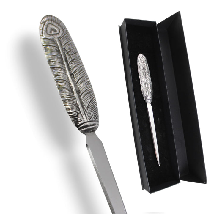 Cavagnini, Eleganter Brieföffner aus Edelstahl und Zinn, inklusive Geschenkbox (Feder) Piuma, Piuma