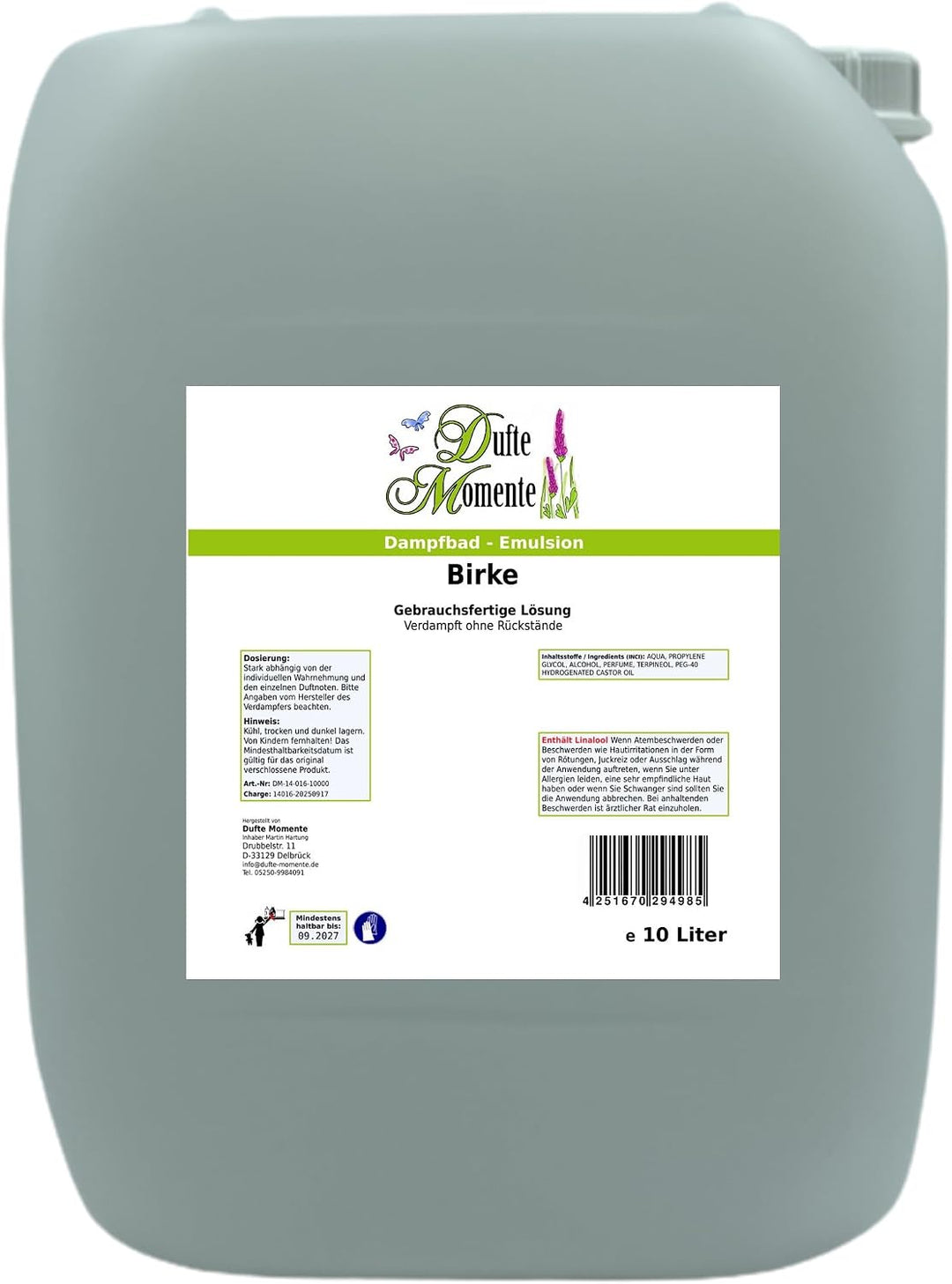 Dufte Momente Dampfbad-Emulsion 10 Liter Birke | Hochwertige Formel | gebrauchsfertig | Für gewerbli