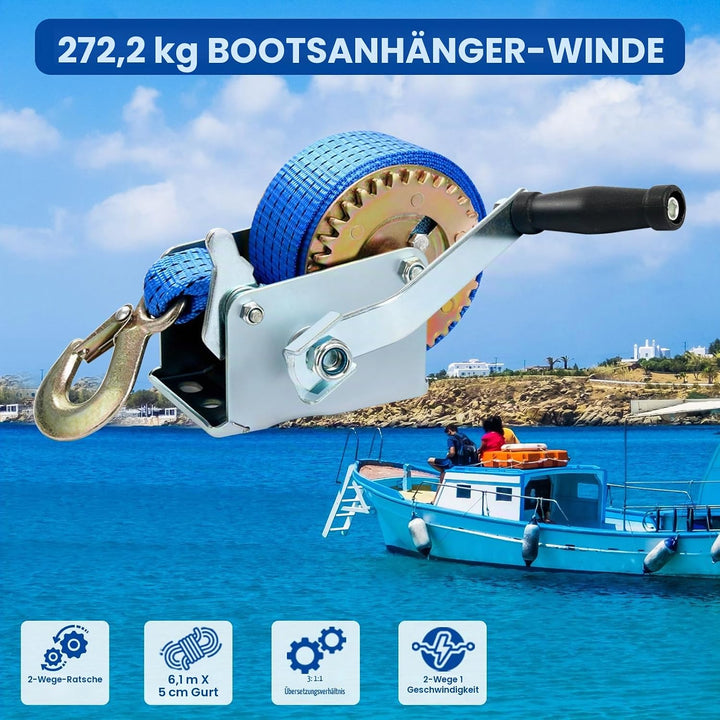 FreeTec Handseilwinde Seilwinde mit Blau Polyester Seilzug Bergungswinde Bootswinde Handwinde Winde