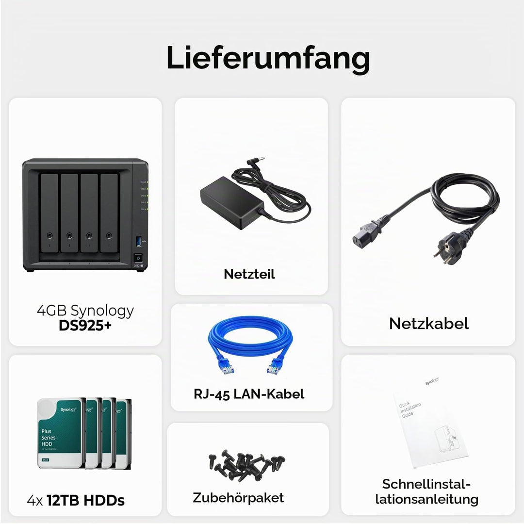 Synology DS925+ NAS-Server-Bundle mit 4 Einschüben (4 GB RAM, vorinstalliert, 48 TB HDD) – 4 x 12 TB