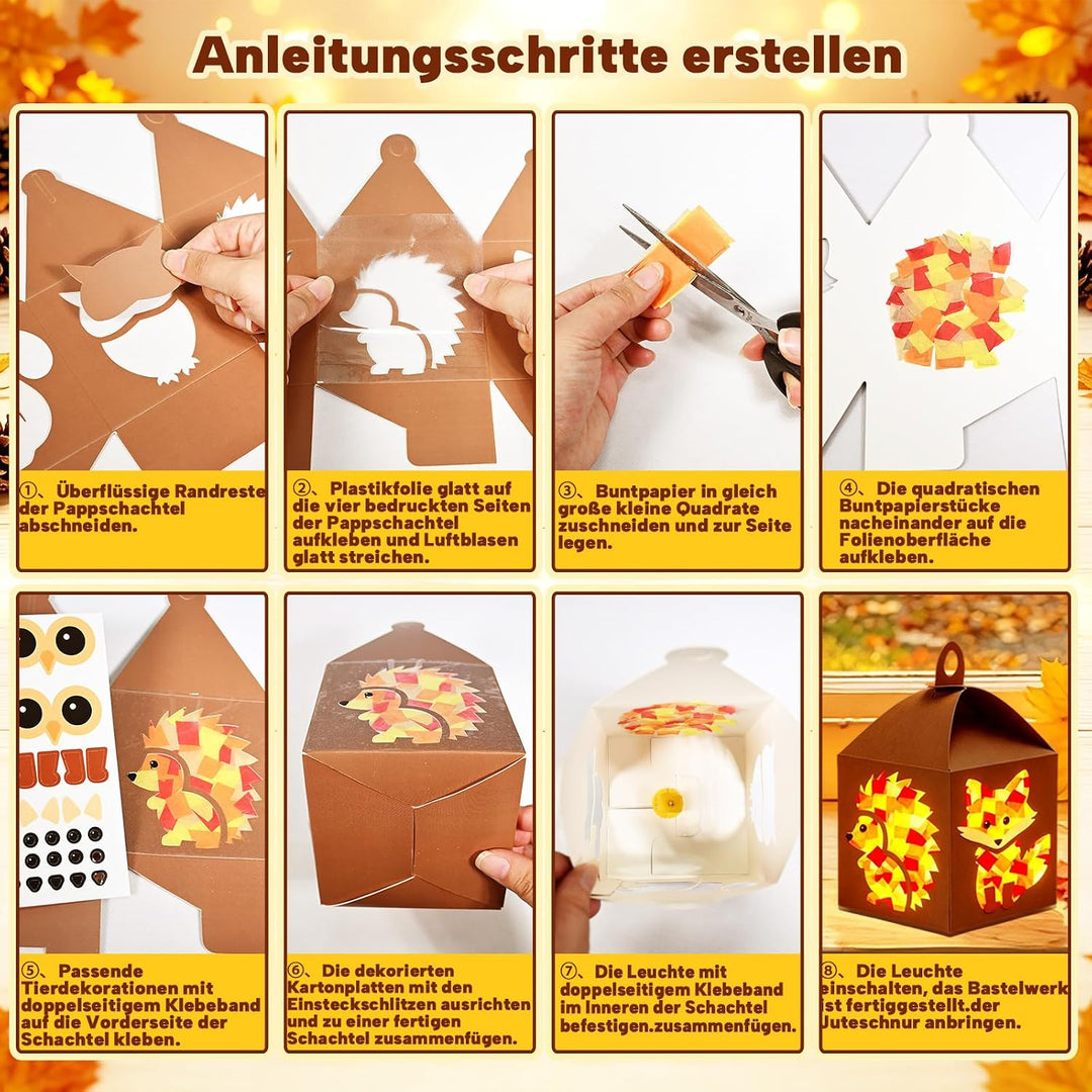 HILKKET Laternen Bastelset Kinder Herbst: 8 Eulen Fuchs Blatt LED Laternen, D
