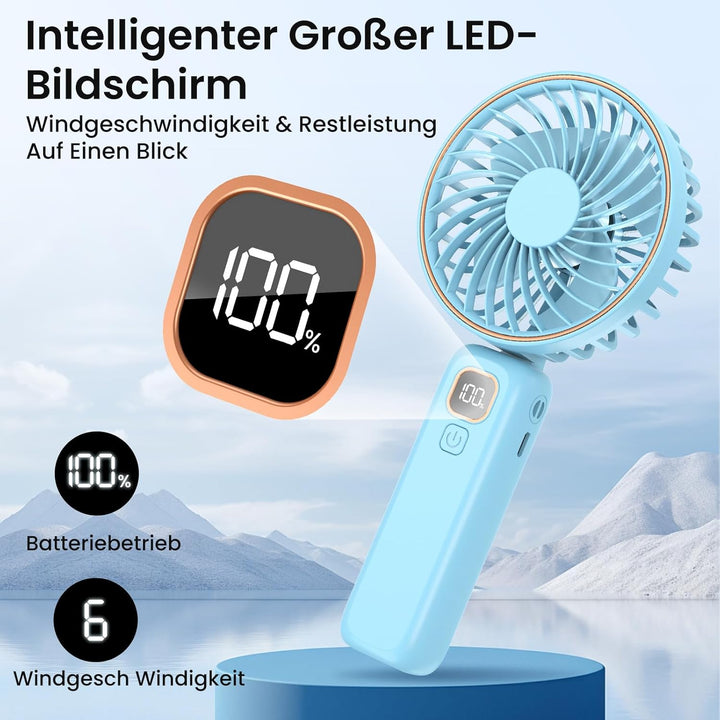 Handventilator, Mini Tragbarer Ventilator mit LCD Display &amp; 6 Stufen, Leiser USB Ventilator mit 4000