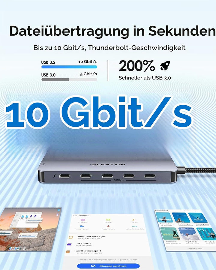 LENTION 4 Port USB C Hub 10 Gbps USB-C 3.2, 4K@60Hz HDMI, 100W PD Aufladung 4x USB-C in 10Gbps Grau,