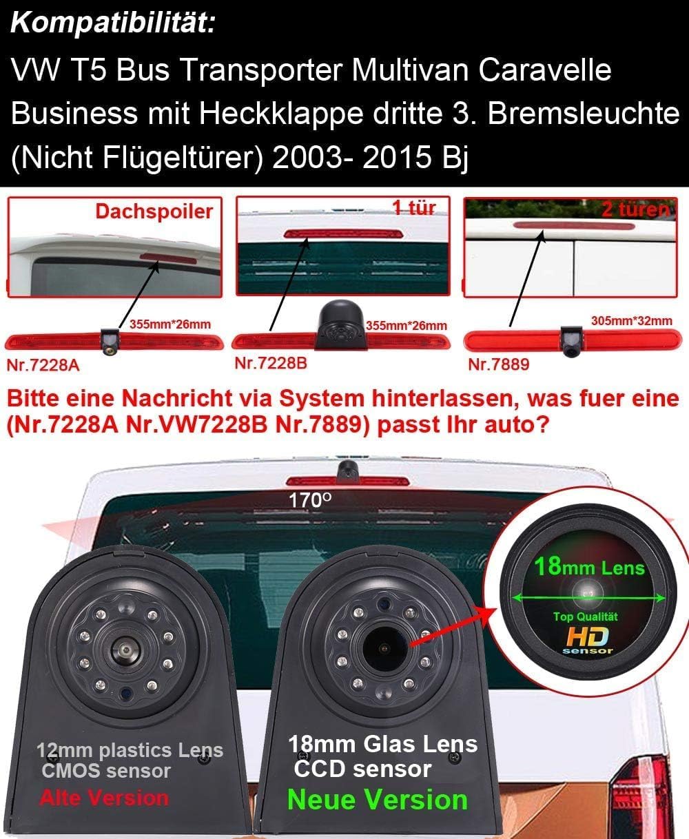 1280 * 720 Brake Bremsleuchte Auto Kamera Bremslicht Rückfahrkamera Fit for VW T5 Bus Transporter V