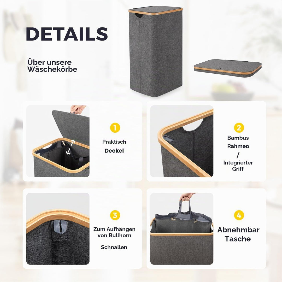 Rieeyrslza Wäschekorb mit Deckel 100L Wäschekorb mit Herausnehmbaren Wäschesack Faltbar Oxford Tuch