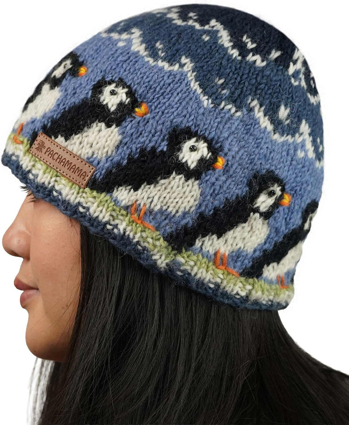 Damen Wollmütze, handgestrickt, süsses Papageientaucher-Design, mehrfarbig, Einheitsgrösse, handgefe
