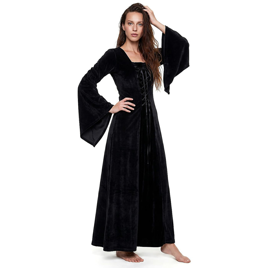 Maskworld Mittelalter Samtkleid – Bodenlanges Damen-Maxikleid mit Trompetenärmeln – Gothic &amp; LARP Bu