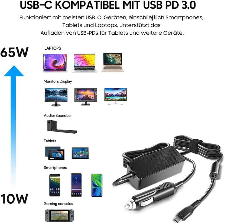 KFD 65W DC 12V-24V USB-C KFZ Netzteil Autoladekabel Laptop Ladegerät PC Car Charger für Lenovo HP Ma