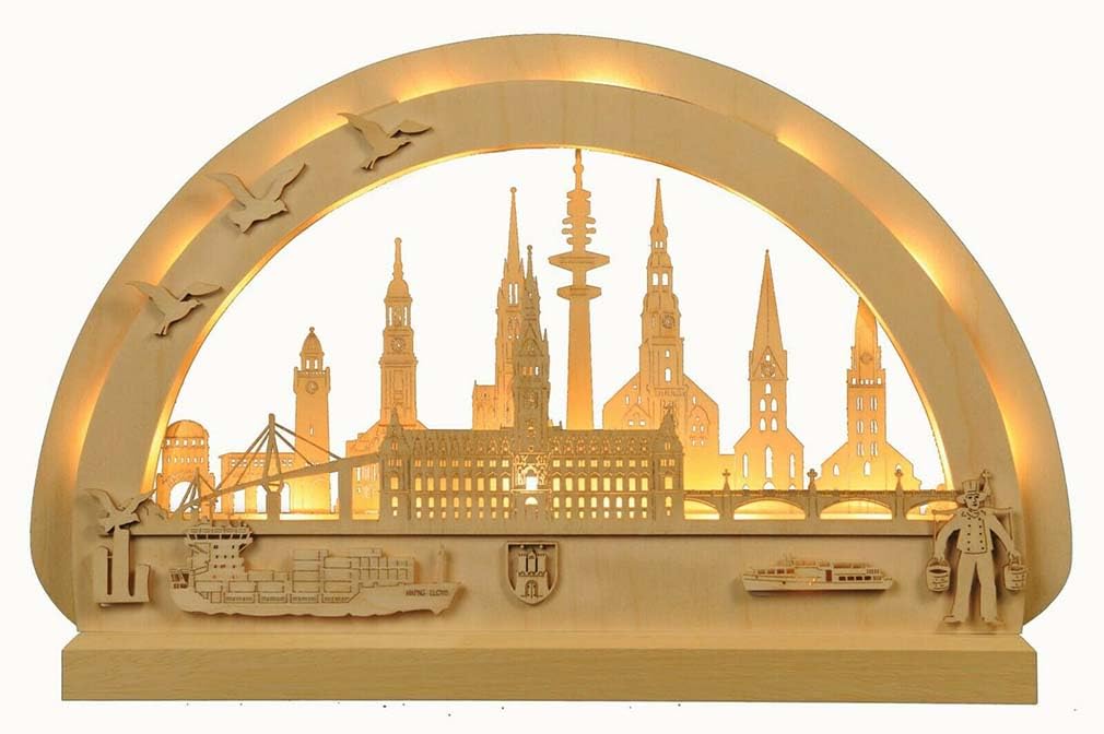 Schwibbogen Original Erzgebirge Hamburg mit LED Beleuchtung Birke B x H 300 mm x 400 mm