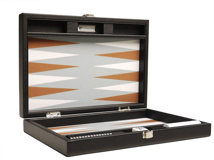 Backgammon-Set, 33 cm, Reisegrösse, schwarzes Brett, weisse und Rum-Punkte