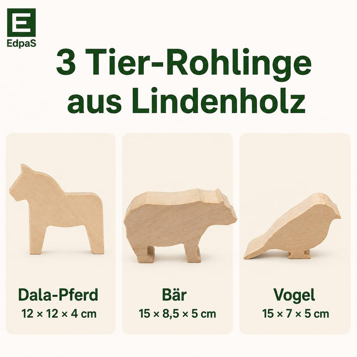 EdpaS Schnitzrohlinge gross aus Lindenholz Tierfiguren Bär Spatz und Dala Pferd - Schnitzholz, Holzr