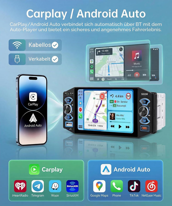 Rimoody Autoradio 1 Din mit Wireless Carplay Android Auto Bluetooth 5.2 FM/AM/RDS, 5 Zoll IPS Touchs
