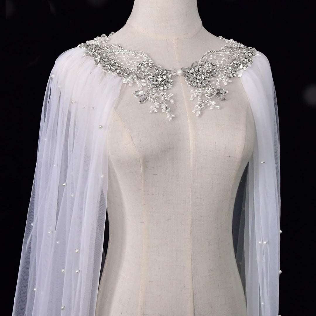 Wedding Shawl Pearls and Rhinestone Capes Soft Tulle Bridal Scarf Evening Shawl Wedding Wraps Off Wh