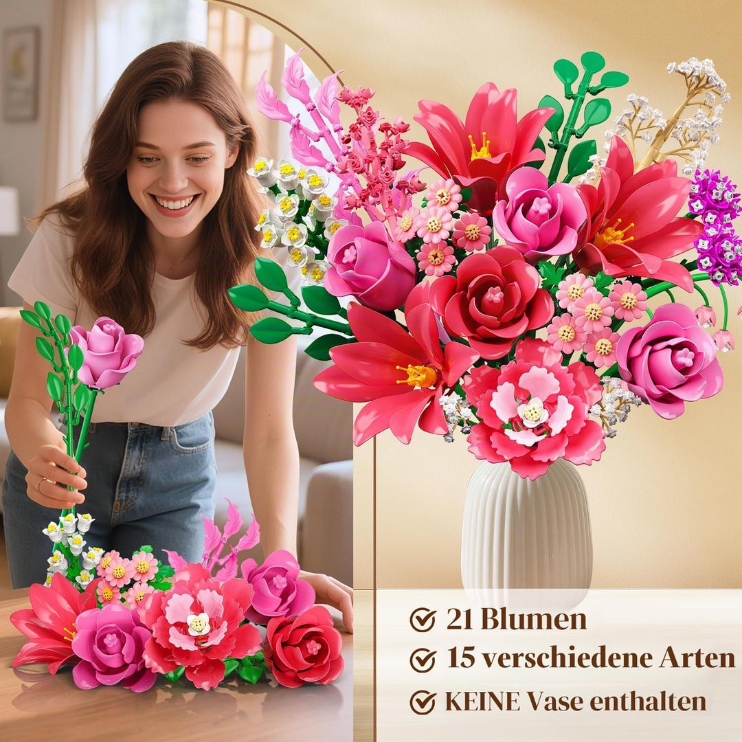 CUBIMANA 21 Blumen Blumenstrauss Bauset mit Licht für Erwachsene Mädche 12+ Rosa, Rosa