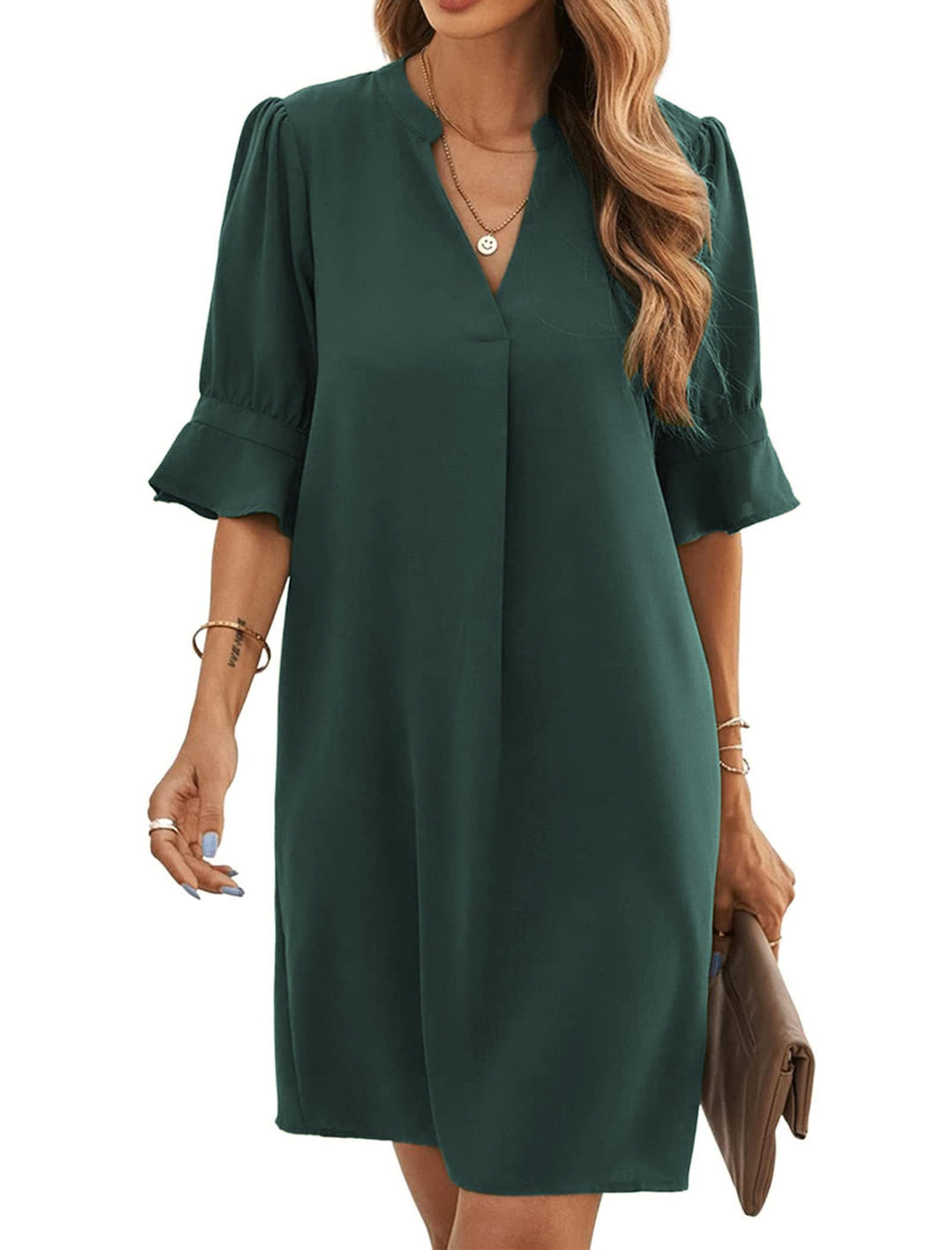 Famulily Frauen V-Ausschnitt Halbarm Hemdkleid Elegant Sommer Casual Einfarbig Kurzes Kleid S-XXL S