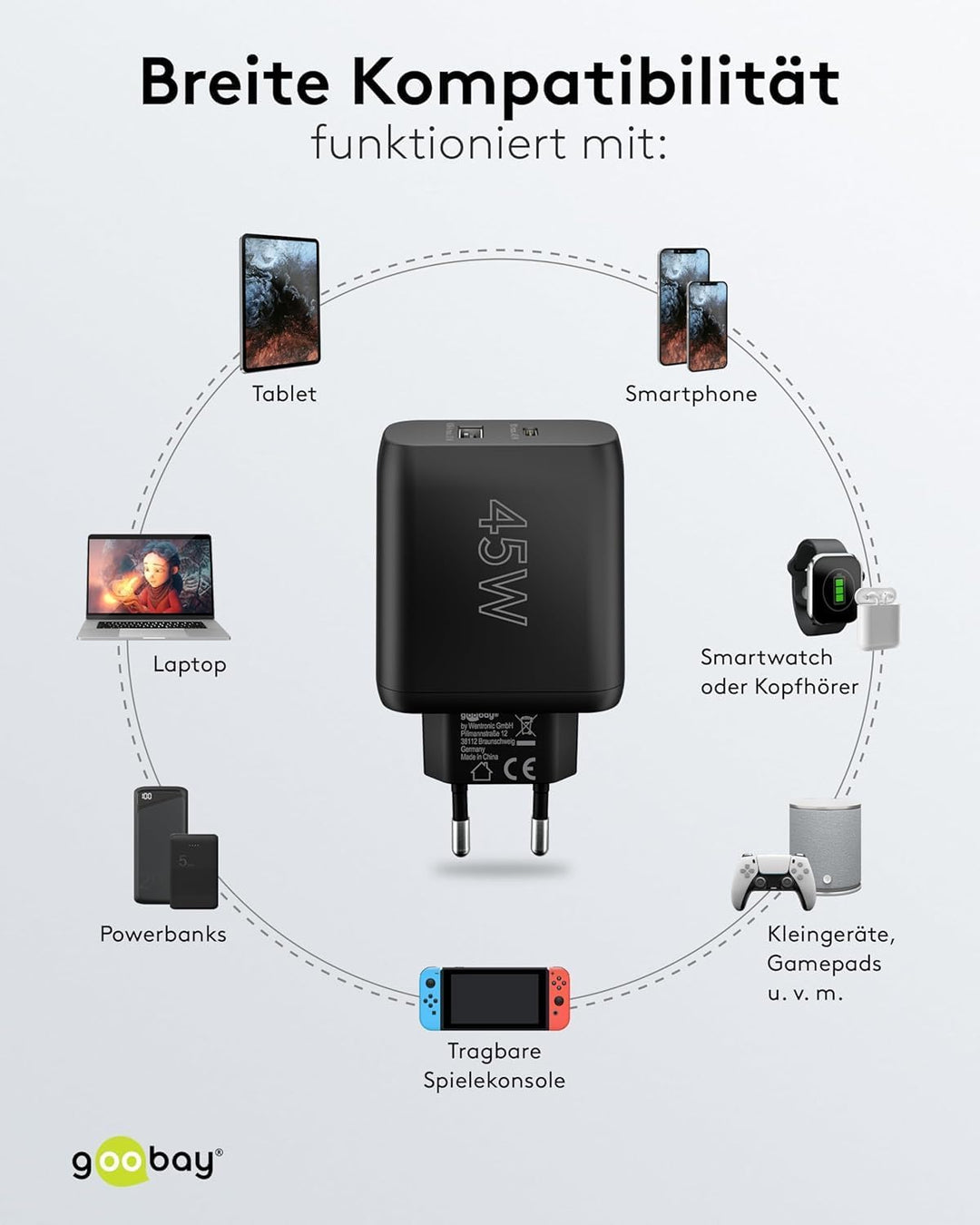 Goobay 65411 Dual Ladegerät 45W / USB-C &amp; USB-A Schnellladegerät Power Delivery/Ladenetzteil mit 2 U