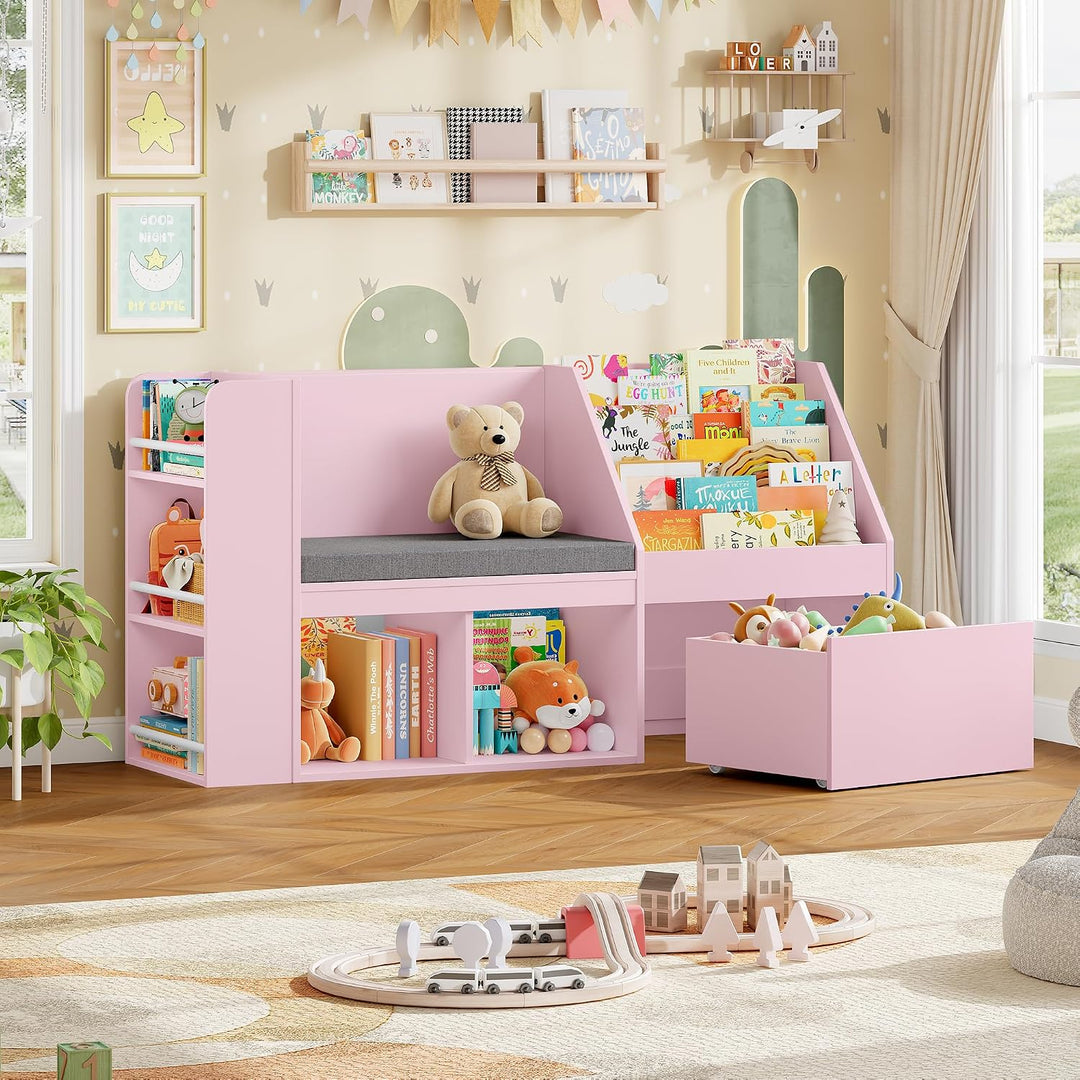 HOCSOK 125 cm Kinderregal, Bücherregal Kinder mit Sitzbank, MDF-Platte Rosa, Rosa