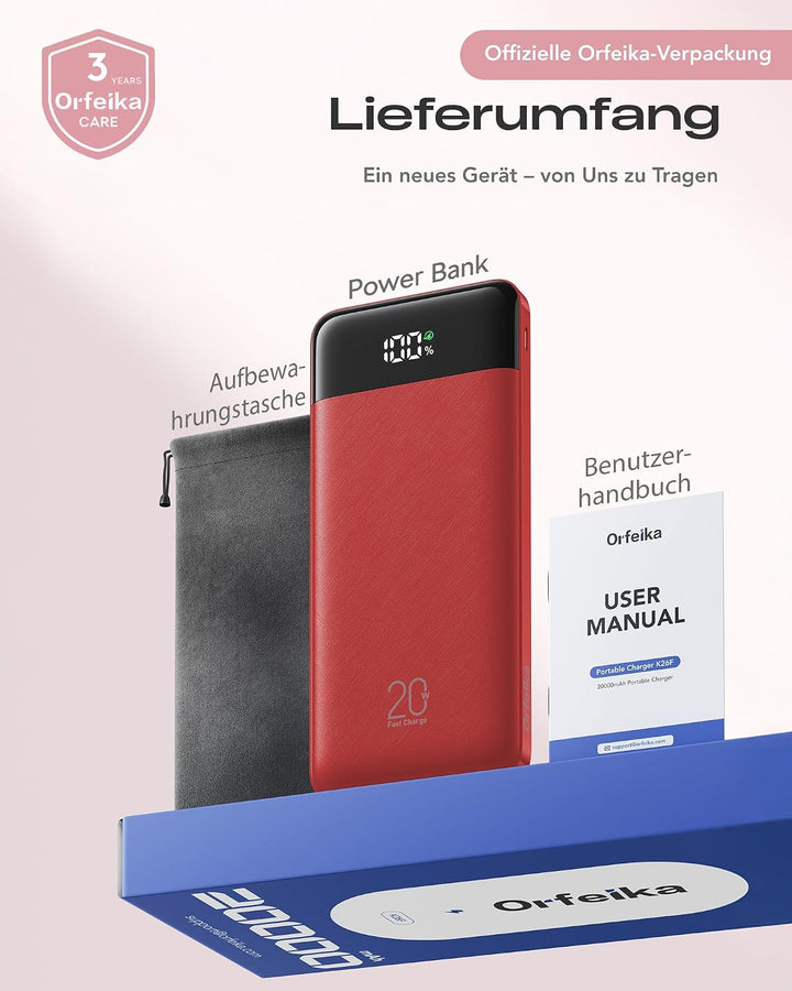 Orfeika Power Bank 20000mAh, PD 20W Powerbank mit Schnellladefunktion Rot, Rot