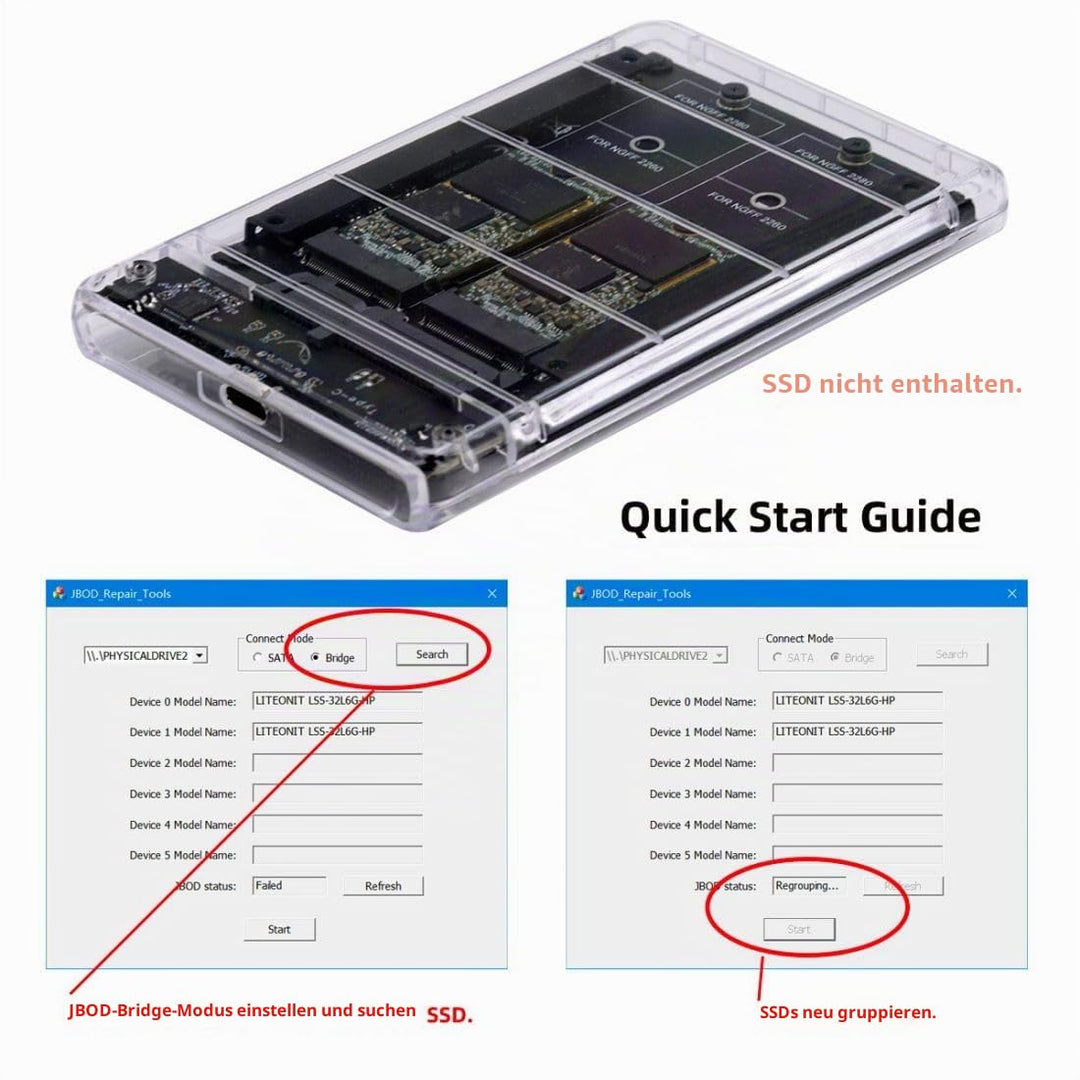 CY M.2 SATA SSD auf 2.5inch SATA Adapter,Dual NGFF B+M Key M.2 SSD auf USB C JOBD Raid0 Span Bridge