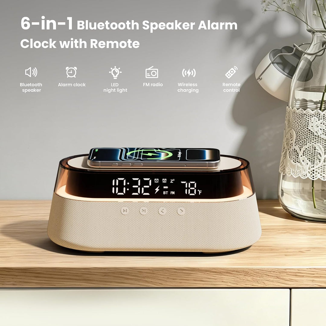 Bluetooth Lautsprecher FM Radio mit Zwei Smart Wecker mit Fernbedienung Beige, Beige