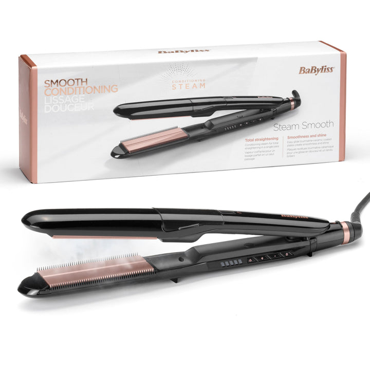 BaByliss Steam Smooth Haarglätter, Dampf-Haarstylinggerät, Schwarz