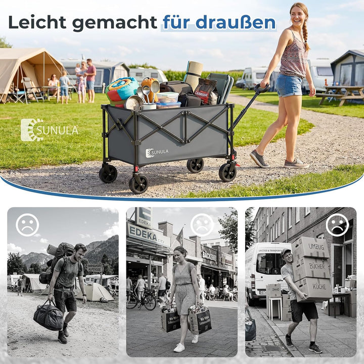 SUNULA Bollerwagen 120 L – 4-seitig zusammenfaltbarer Handwagen klappbar Grau 120L, Grau 120L