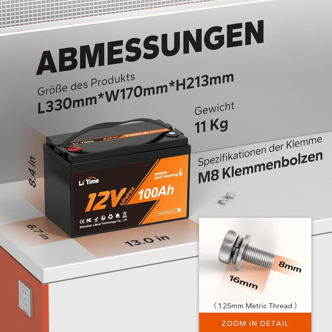 LiTime 12V 100Ah LiFePO4 Batterie mit Selbstheizung für Wohnmobil und Solar