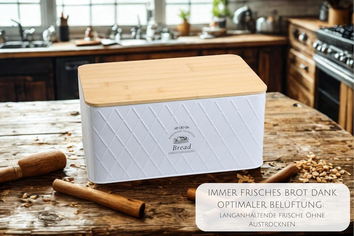 Brotkasten - Rustic Breadvault White, aus Metall mit Bambusdeckel, schöne &amp; rustikale Brotbox mit na