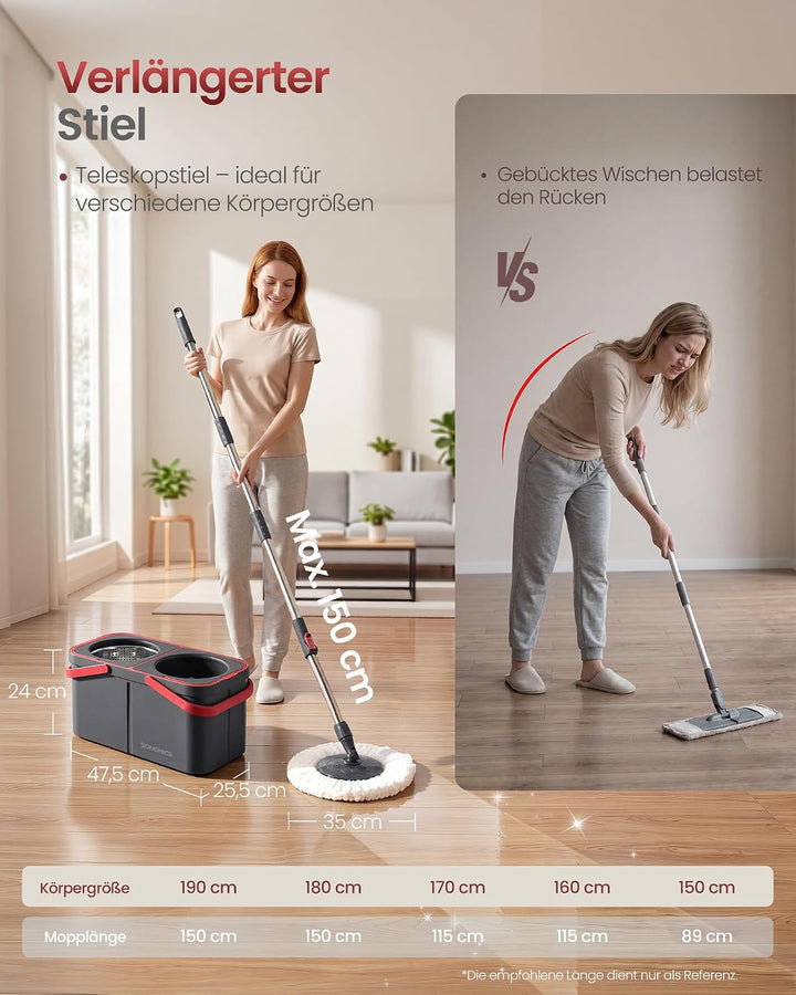 SONGMICS Wischmopp mit Eimer, Bodenwischer mit Schmutzwasser-Trennung und Rollen, Teleskopstiel, 4 M
