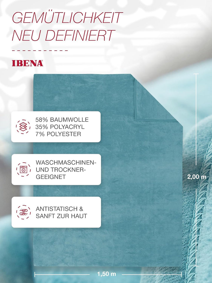 IBENA Porto Kuscheldecke 150 x 200 cm – Kuscheldecke Helltürkis, Wohnzimmerdecke, Baumwollmischung,