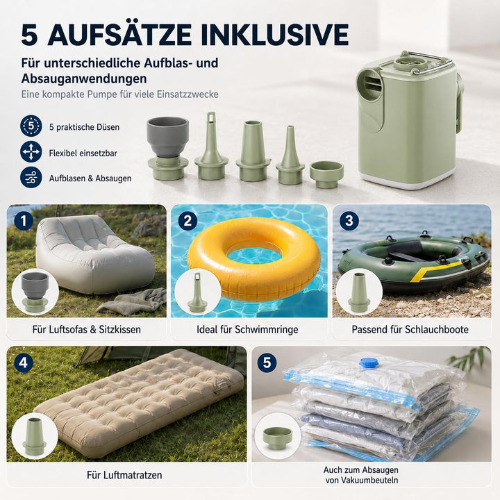 Elektrische Luftpumpe Akku Mini 3 in 1 mit 5 Düsen Grün, Grün